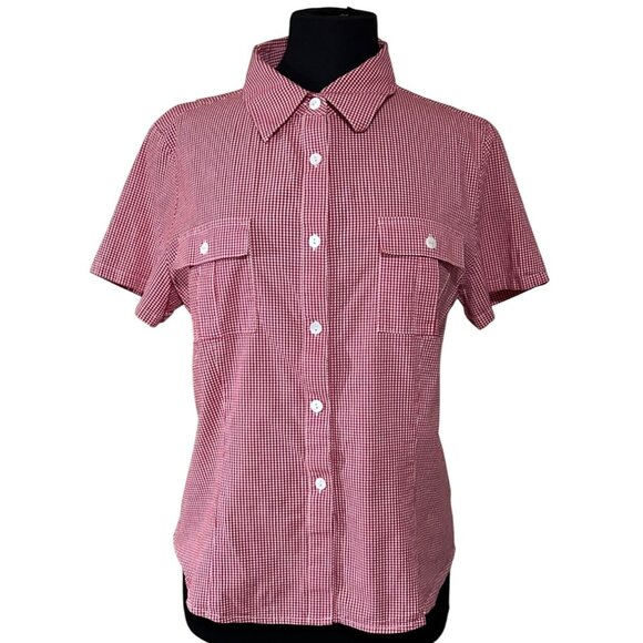 Women's Rafaella Button-Down Blouse Red White Check Pattern Cotton Blend Size 14 - Picture 1 of 11